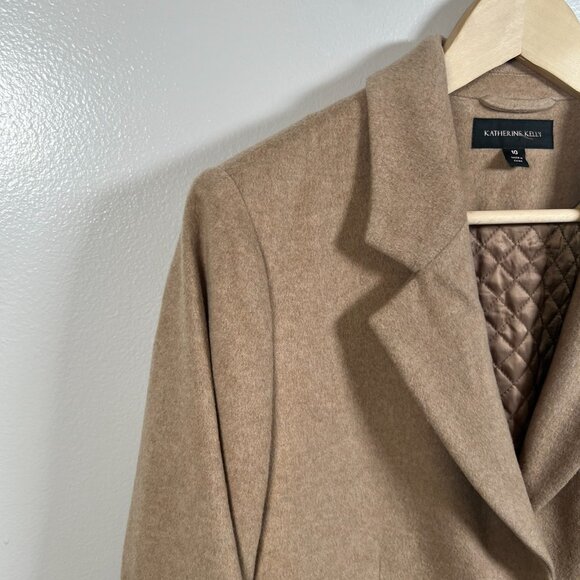 Katherine Kelly Cashmere Coat Size 10 Tan Neutral Trench Long Notch Collar - Picture 4 of 13